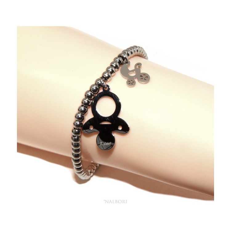 RMB|NALBORI stainless steel bracelet hypoallergenic balls with pacifier pram pendant