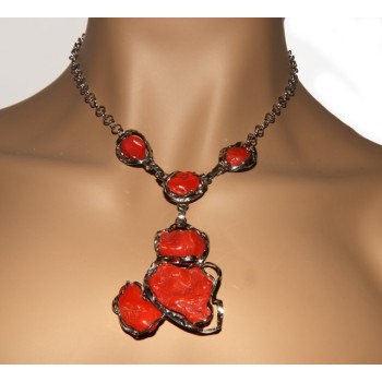 RMB|Necklace silver necklace 925 silver capri with large coral gems veracious red from the Mediterranean