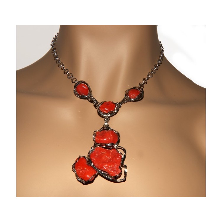 RMB|Collana collier argento 925 linea capri con grandi gemme corallo verace rosso del mediterraneo