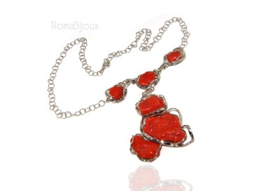 RMB|Necklace silver necklace 925 silver capri with large coral gems veracious red from the Mediterranean