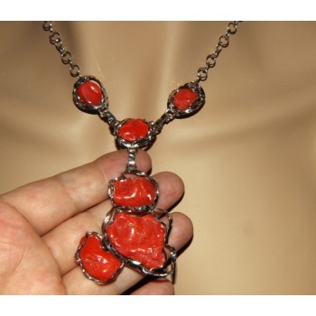 RMB|Collana collier argento 925 linea capri con grandi gemme corallo verace rosso del mediterraneo