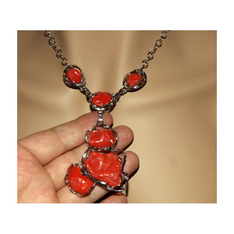 RMB|Necklace silver necklace 925 silver capri with large coral gems veracious red from the Mediterranean