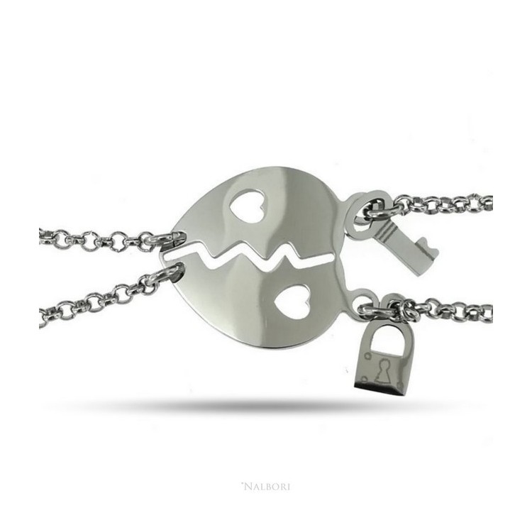 RMB|NALBORI bracciale acciaio anallergico doppio lui lei cuore traforato lucchetto chiave