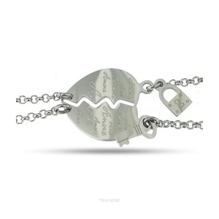 RMB|NALBORI double hypoallergenic steel bracelet he her heart written "love" key padlock