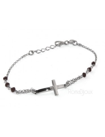 Rosary bracelet male female 925 silver  convex cross and black crystal. cm 16.50 18.50