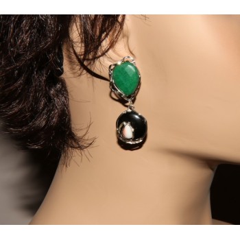 RMB|Woman earrings in 925 sterling silver with green agate, black and pink coral drop