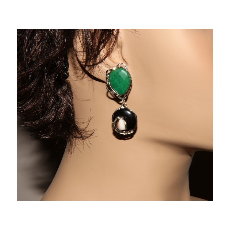 RMB|Woman earrings in 925 sterling silver with green agate, black and pink coral drop