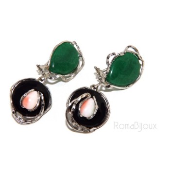 RMB|Orecchini donna in Argento 925 con agata verde, nera e goccia di corallo rosa