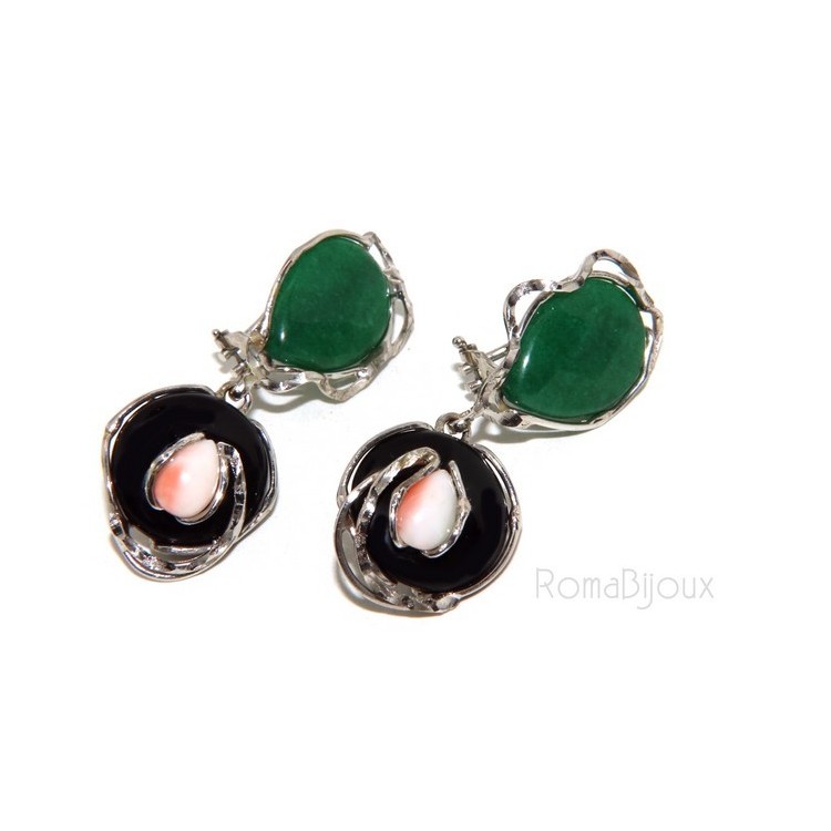 RMB|Woman earrings in 925 sterling silver with green agate, black and pink coral drop