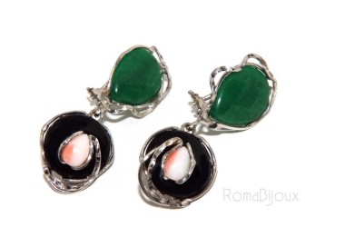 RMB|Woman earrings in 925 sterling silver with green agate, black and pink coral drop