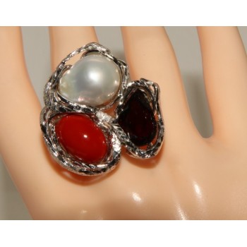 RMB|Argento 925 : Anello donna regolabile realizzato a mano con gemma di corallo rosso verace perla barocca e granato