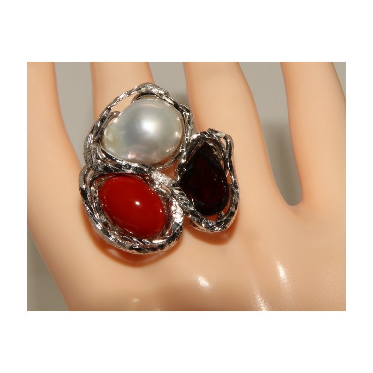 RMB|Argento 925 : Anello donna regolabile realizzato a mano con gemma di corallo rosso verace perla barocca e granato