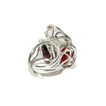 RMB|Silver 925: Adjustable woman ring handmade with red coral gem veracious baroque pearl and garnet