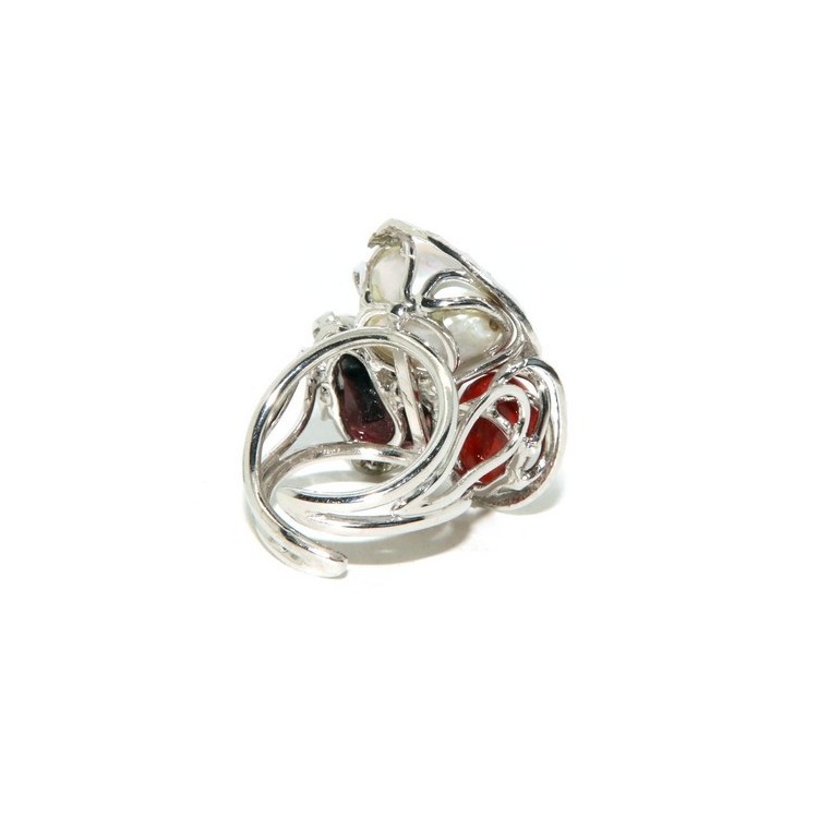 RMB|Argento 925 : Anello donna regolabile realizzato a mano con gemma di corallo rosso verace perla barocca e granato