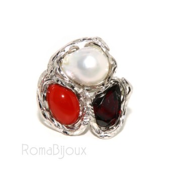 RMB|Argento 925 : Anello donna regolabile realizzato a mano con gemma di corallo rosso verace perla barocca e granato