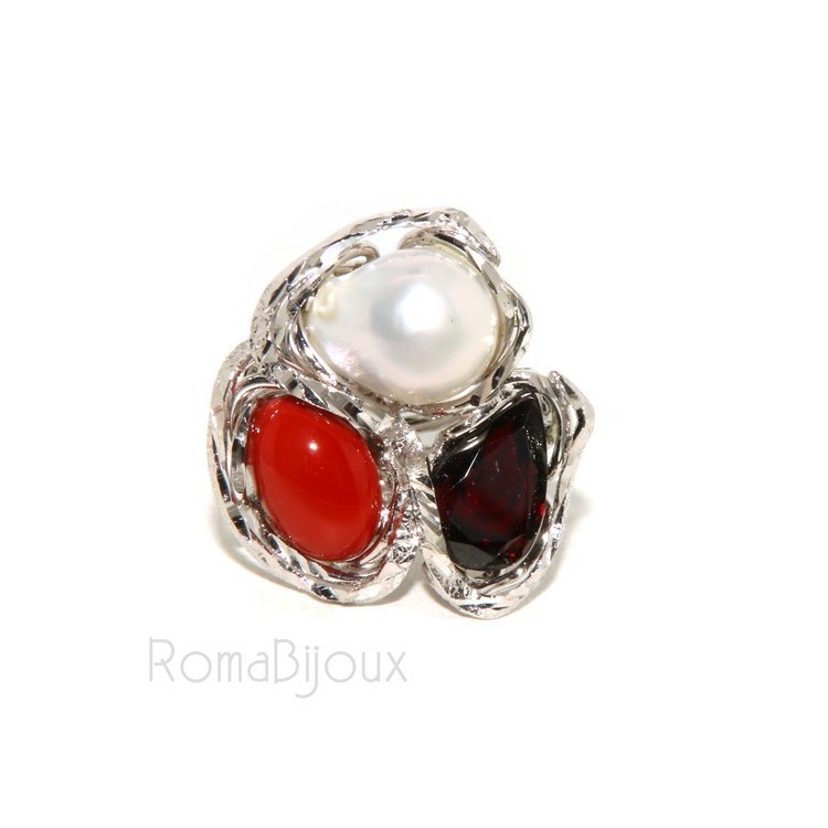 RMB|Silver 925: Adjustable woman ring handmade with red coral gem veracious baroque pearl and garnet