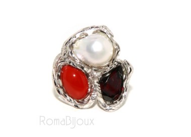 RMB|Silver 925: Adjustable woman ring handmade with red coral gem veracious baroque pearl and garnet
