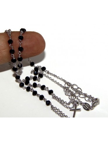 Rosary Necklace 925 Silver Man With black crystal cross and madonna 45 + 5 cm