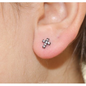 RMB|Orecchini per uomo o donna a forma di croce in argento 925 rutenio con pietre zirconia cubica colore bianco piccoli