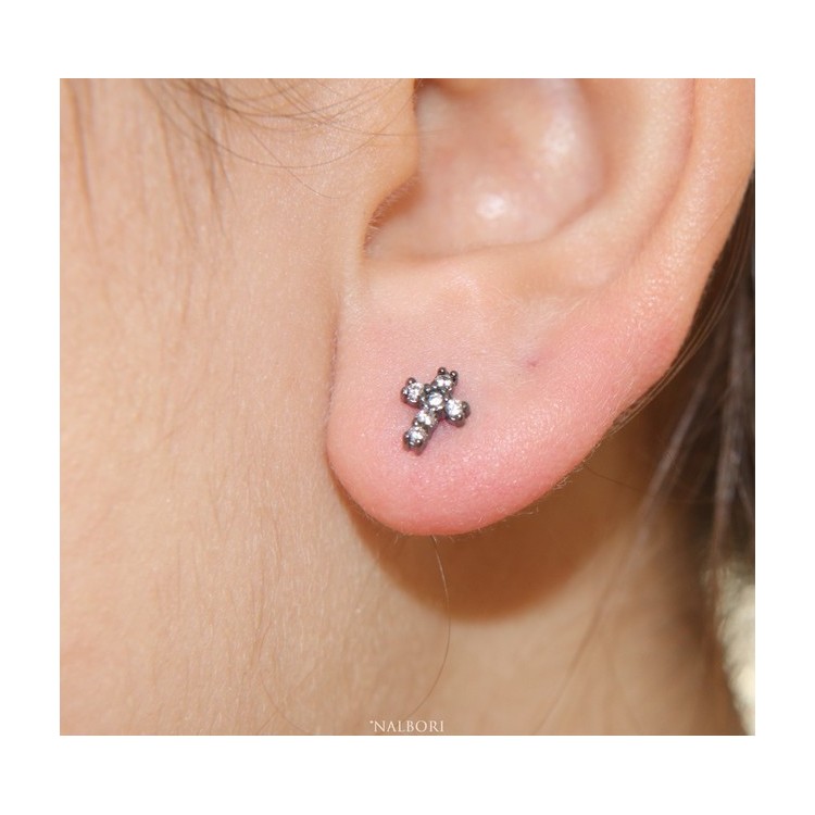 RMB|Orecchini per uomo o donna a forma di croce in argento 925 rutenio con pietre zirconia cubica colore bianco piccoli