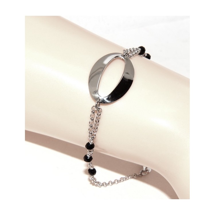 RMB|Bracciale donna ragazza Argento 925 lavorazione a rosario cristallo nero con ovale centrale 15,5 - 18 cm