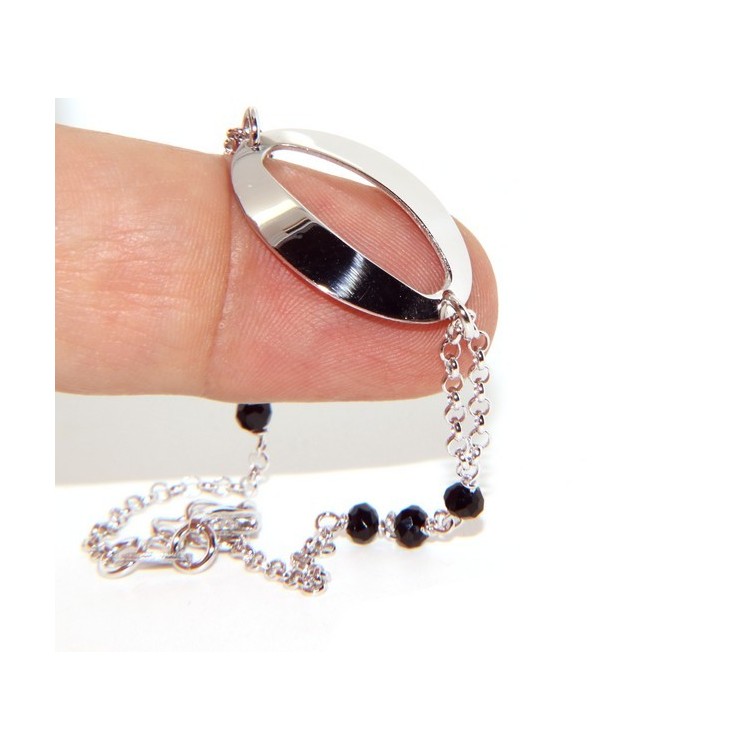 RMB|Bracciale donna ragazza Argento 925 lavorazione a rosario cristallo nero con ovale centrale 15,5 - 18 cm