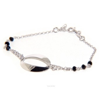 RMB|Bracelet woman girl Silver 925 rosary working black crystal with central oval 15.5 - 18 cm