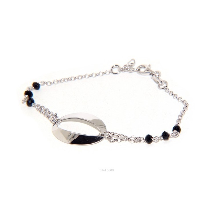 RMB|Bracciale donna ragazza Argento 925 lavorazione a rosario cristallo nero con ovale centrale 15,5 - 18 cm