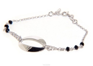 RMB|Bracciale donna ragazza Argento 925 lavorazione a rosario cristallo nero con ovale centrale 15,5 - 18 cm