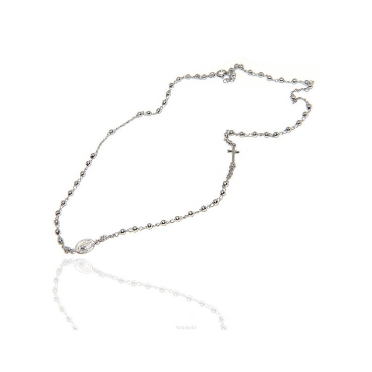 RMB|Collana rosario uomo o donna in Argento 925 palline 3 mm croce madonna miracolosa rodio