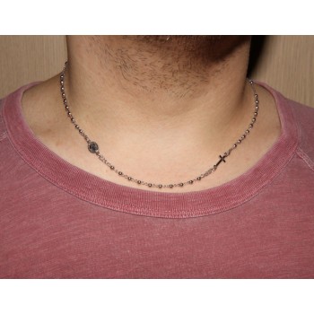 RMB|Man or Woman Rosary Necklace in 925 Sterling Silver Balls 3 mm Miraculous Madonna Cross