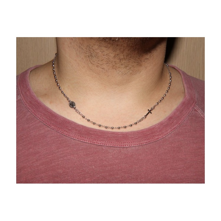RMB|Man or Woman Rosary Necklace in 925 Sterling Silver Balls 3 mm Miraculous Madonna Cross