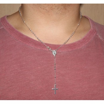 RMB|Rosary necklace man or woman in Sterling Silver 3mm balls miraculous madonna cross