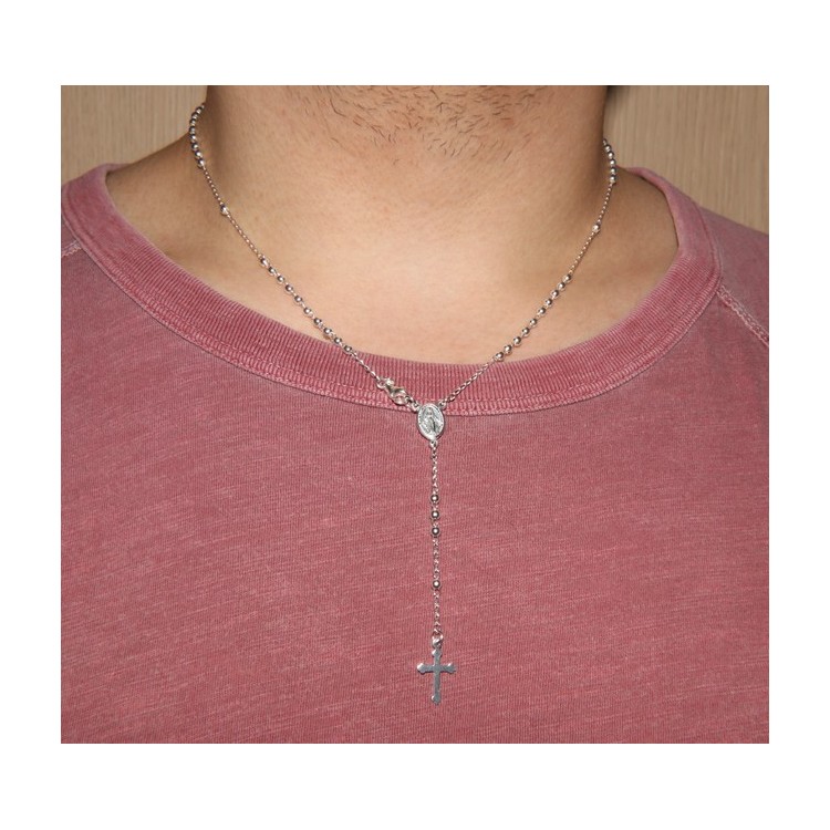RMB|Rosary necklace man or woman in Sterling Silver 3mm balls miraculous madonna cross
