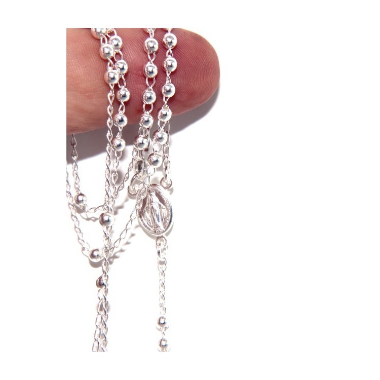 RMB|Rosary necklace man or woman in Sterling Silver 3mm balls miraculous madonna cross