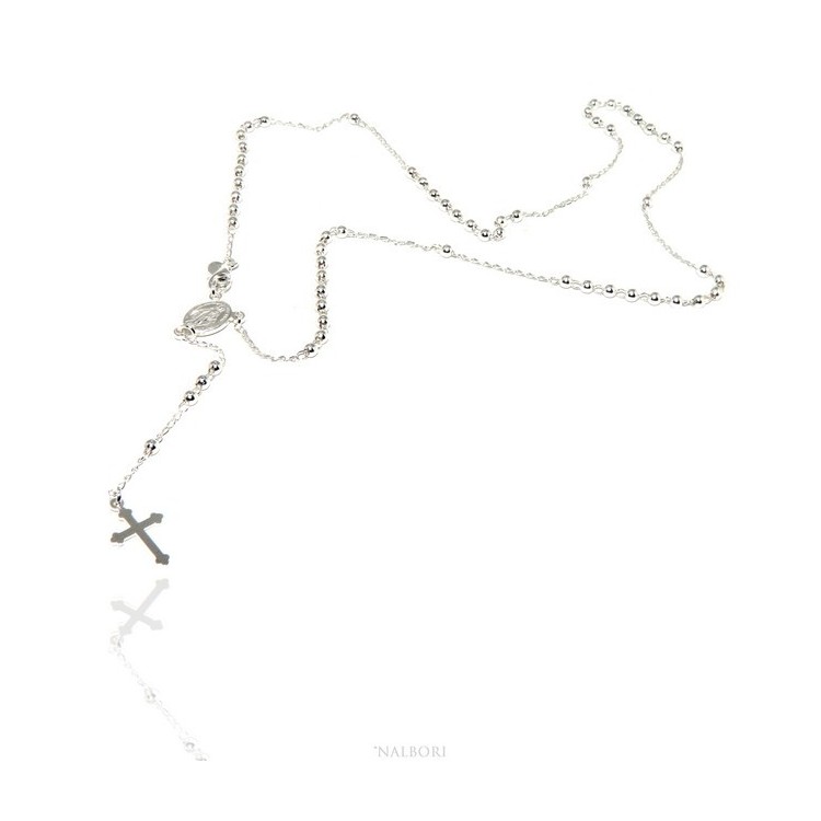 RMB|Rosary necklace man or woman in Sterling Silver 3mm balls miraculous madonna cross