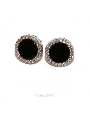 Stamped 925 silver : one pair of earrings 10mm man woman button black circle zirconia