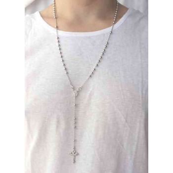 RMB|Collana rosario uomo o donna in Argento 925 croce lavorata palline 5 mm 67 cm silver light tone