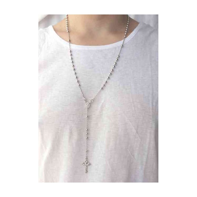 RMB|Rosary necklace man or woman in 925 silver cross worked balls 5 mm 67 cm silver light tone