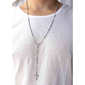 RMB|Rosary necklace for men or women in 925 sterling silver cross worked balls 5 mm 67 cm Rhodium
