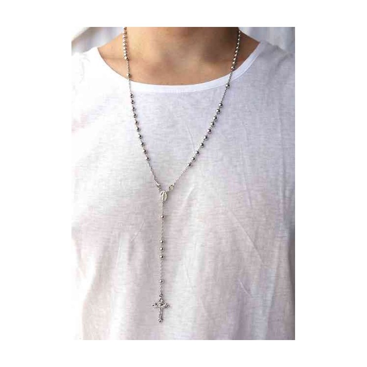 RMB|Rosary necklace for men or women in 925 sterling silver cross worked balls 5 mm 67 cm Rhodium