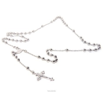 RMB|Collana rosario uomo o donna in Argento 925 croce lavorata palline 5 mm 67 cm Rodiato nalbori