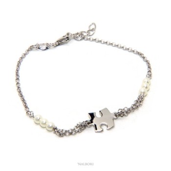 RMB|Bracciale uomo donna ragazzo Argento 925 lavorazione a rosario perle di vetro bianche con puzzle centrale 16,00-19,00 cm