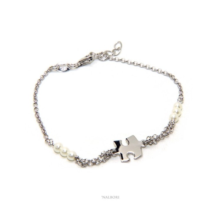 RMB|Bracciale uomo donna ragazzo Argento 925 lavorazione a rosario perle di vetro bianche con puzzle centrale 16,00-19,00 cm