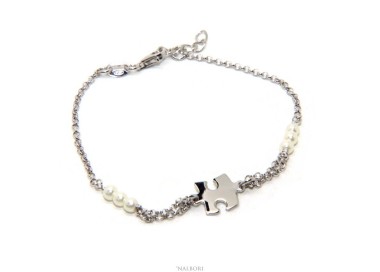 RMB|Bracciale uomo donna ragazzo Argento 925 lavorazione a rosario perle di vetro bianche con puzzle centrale 16,00-19,00 cm