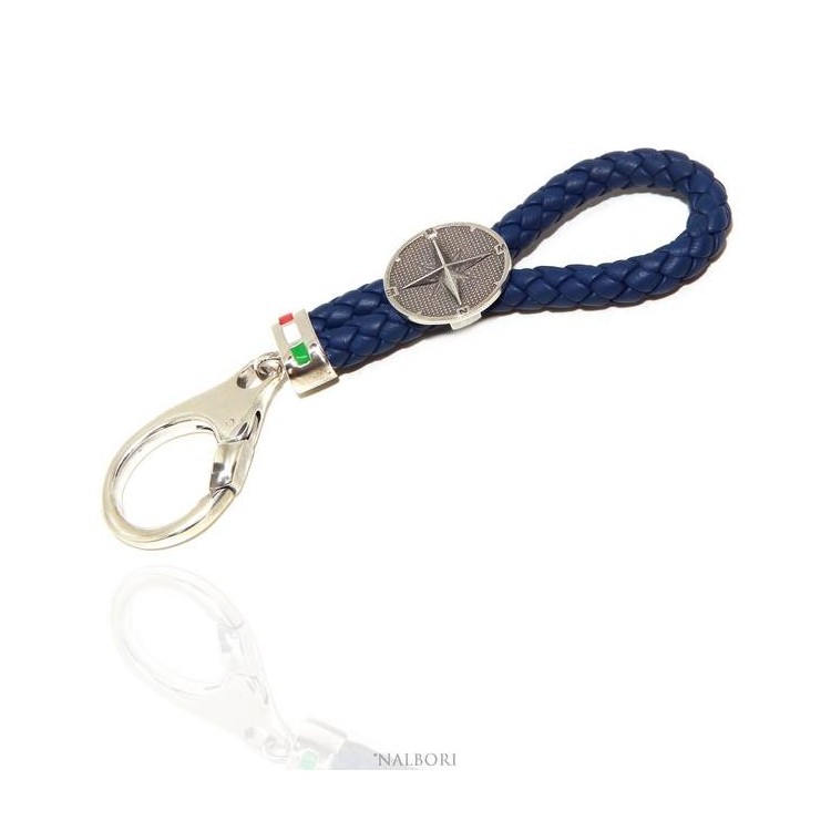 RMB|Portachiavi uomo o donna argento 925 massiccio e pelle blu navy KeyRing rosa dei venti gancio