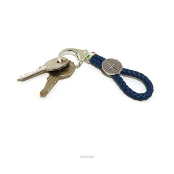 RMB|NALBORI Key ring man or woman in solid 925 silver and navy blue leather KeyRing wind rose hook