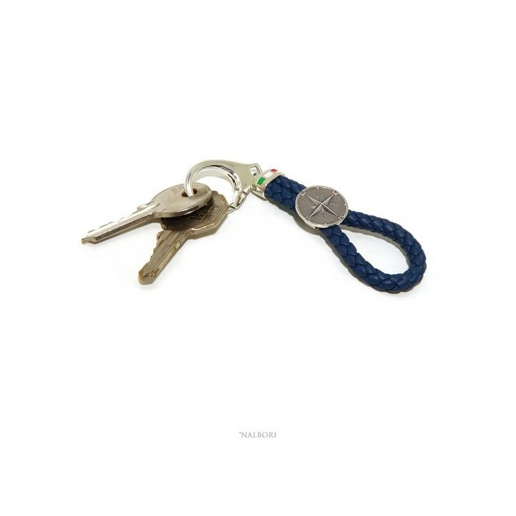 RMB|NALBORI Key ring man or woman in solid 925 silver and navy blue leather KeyRing wind rose hook