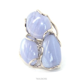 RMB|Silver 925: Adjustable women's ring handmade with natural blue chalcedony gems ITALY
