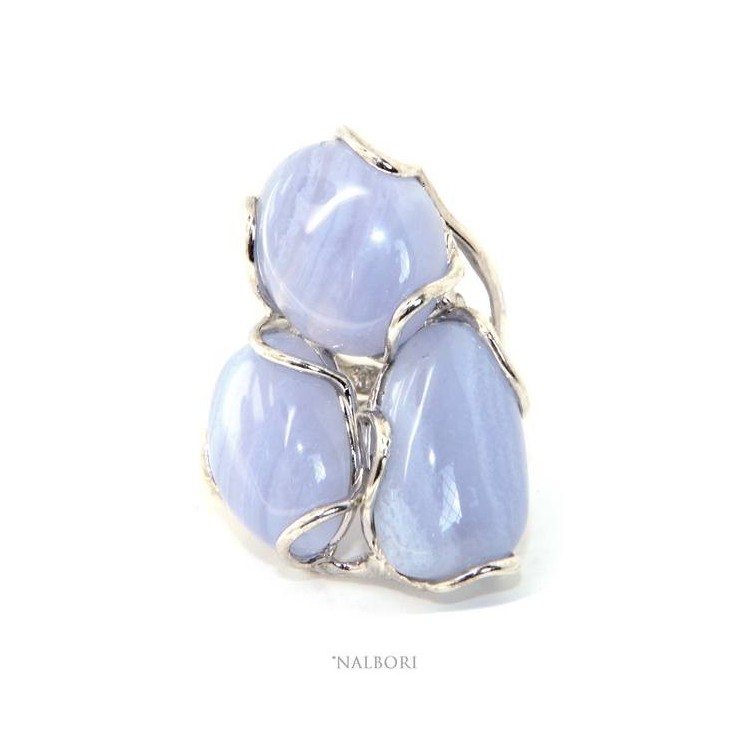 RMB|Silver 925: Adjustable women's ring handmade with natural blue chalcedony gems ITALY
